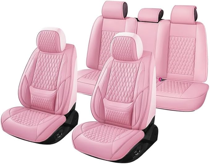 Car Seat Covers Full Set Custom Fit for Pontiac G3 2009-2010 - Premium Faux Leather with Lumbar Support | Breathable, Waterproof, Anti-Slip, Durable (Pink,Full Set)