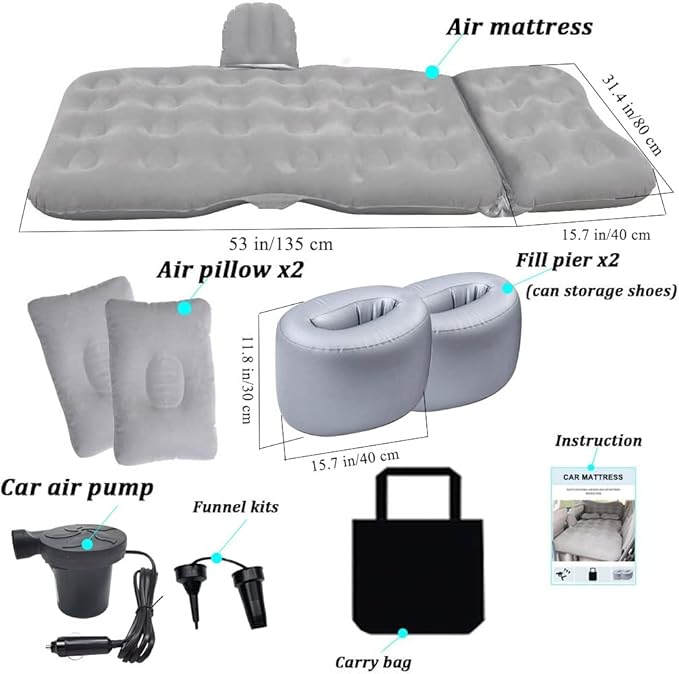 SAYGOGO Inflatable Travel Mattress - Thickened Camping Bed Sleeping Pad with Air Pump, 2 Pillows for SUV, Sedan, Pickup Back Seat - Grey
