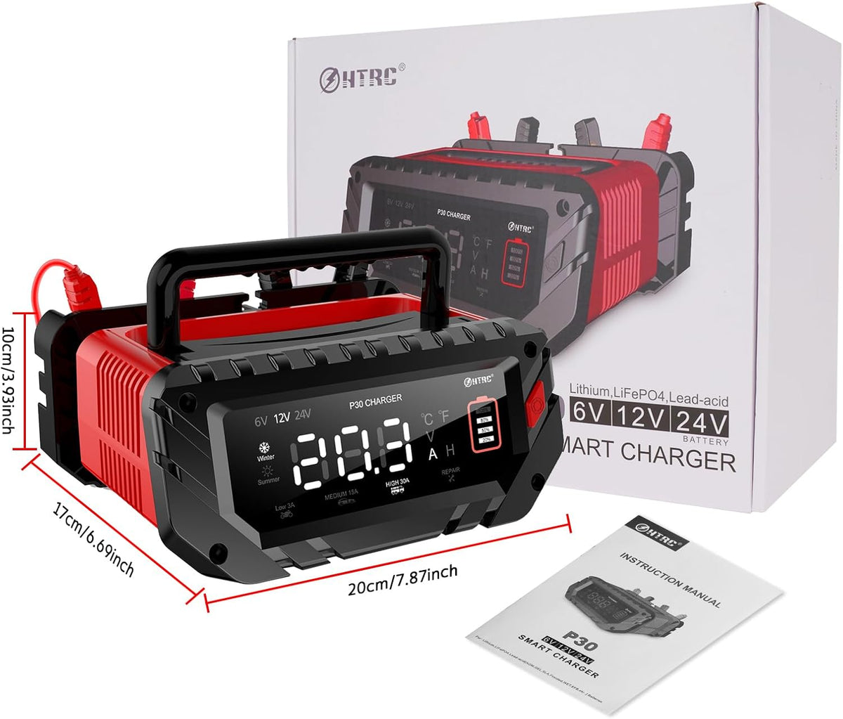 30 Amp Lithium Battery Charger,6V/12V/24V Lifepo4,Lead-Acid(AGM/Gel/SLA..) Portable Car Battery Charger,Battery Maintainer, Smart Trickle Charger, and Battery Desulfator for Car,Boat,Motorcycle…
