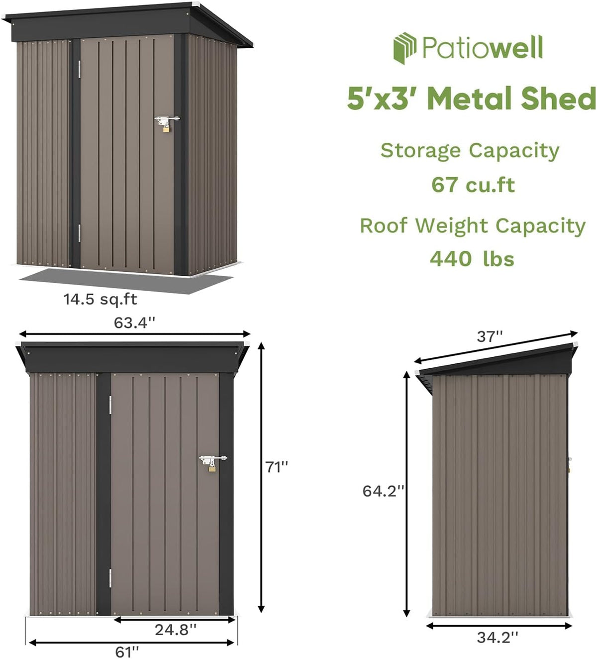 Patiowell 5x3 FT Outdoor Storage Shed, Tool Shed with Sloping Roof and Lockable Door, Metal Shed for Backyard Garden Patio Lawn, Brown