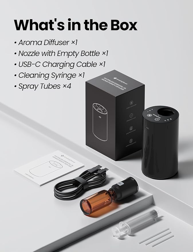 Waterless Essential Oil Diffuser, Portable Aromatherapy Diffuser with 20mL Capacity, Battery Operated Mini Scent Diffuser,3 Mist Levels & Timers, Leak-Free, for Home, Car, Office (Black)