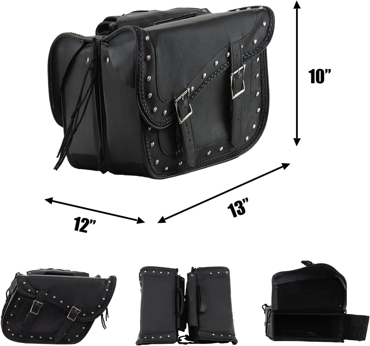 Synthetic Leather Motorcycle Luggage Bag - Waterproof Throw Over Saddlebags For Motorcycles - Softails, Sportsters, Choppers, Dyna, V-star, Shadow (With Studs, Black, 13'x13'x10')