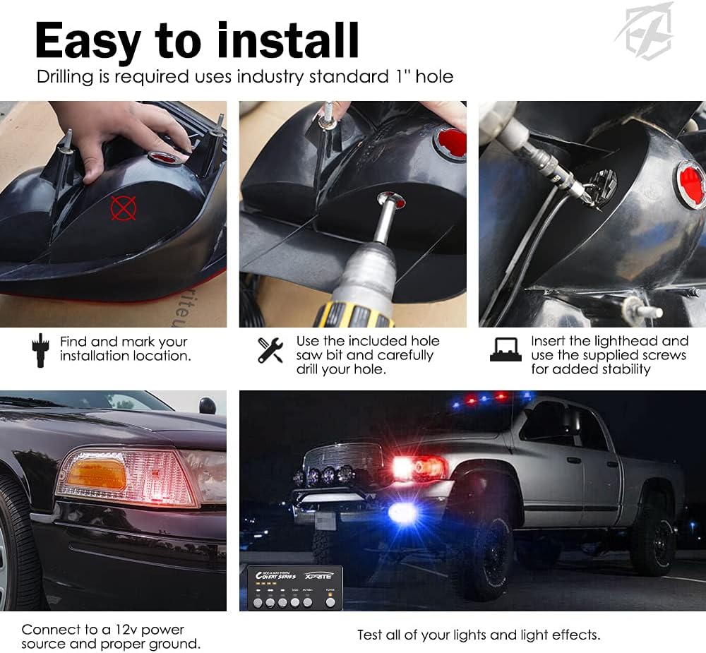 Xprite Red Blue LED Hideaway Strobe Police Lights Kit, 20 Flashing Patterns w/Control Panel for Headlights Taillights Hazard Warning Mounting, for Emergency Vehicles Volunteer Cop Cars Trucks 8PCS