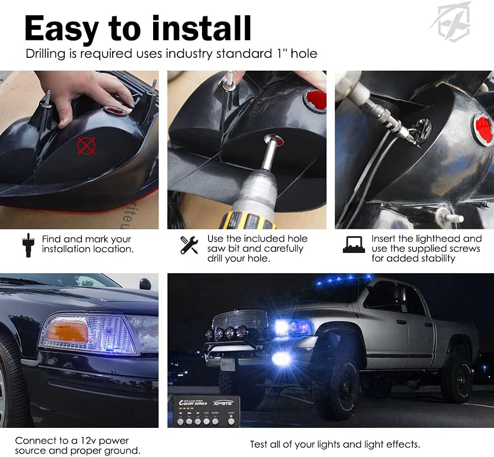 Xprite Blue LED Hideaway Strobe Police Lights Kit, 20 Flashing w/Control Panel Headlights Taillights Mounting, Hazard Warning for Emergency POV Vehicles Volunteer Cars Trucks SUV 8PCS