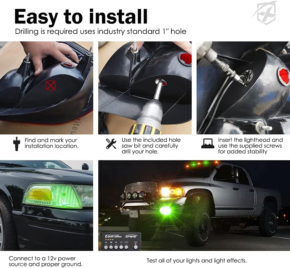 Xprite Amber Green LED Hideaway Strobe Lights Kit 20 Flashing Patterns w/Control Panel Headlights Taillights Fog Marker Light Mounting, for Roadside Emergency Vehicles Trucks SUV Vans 12V Cars 4 PCs