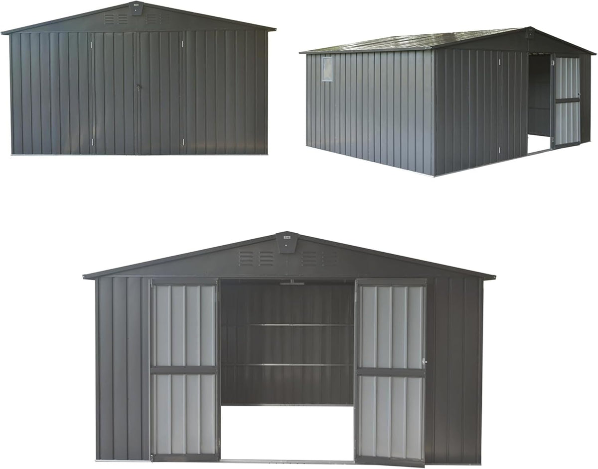 IKERY Large Galvanized Steel Storage Shed - 11' x 9' with Windows and Lockable Door, Outdoor Garden and Utility Tool Shed for Backyard and Patio, Dark Gray
