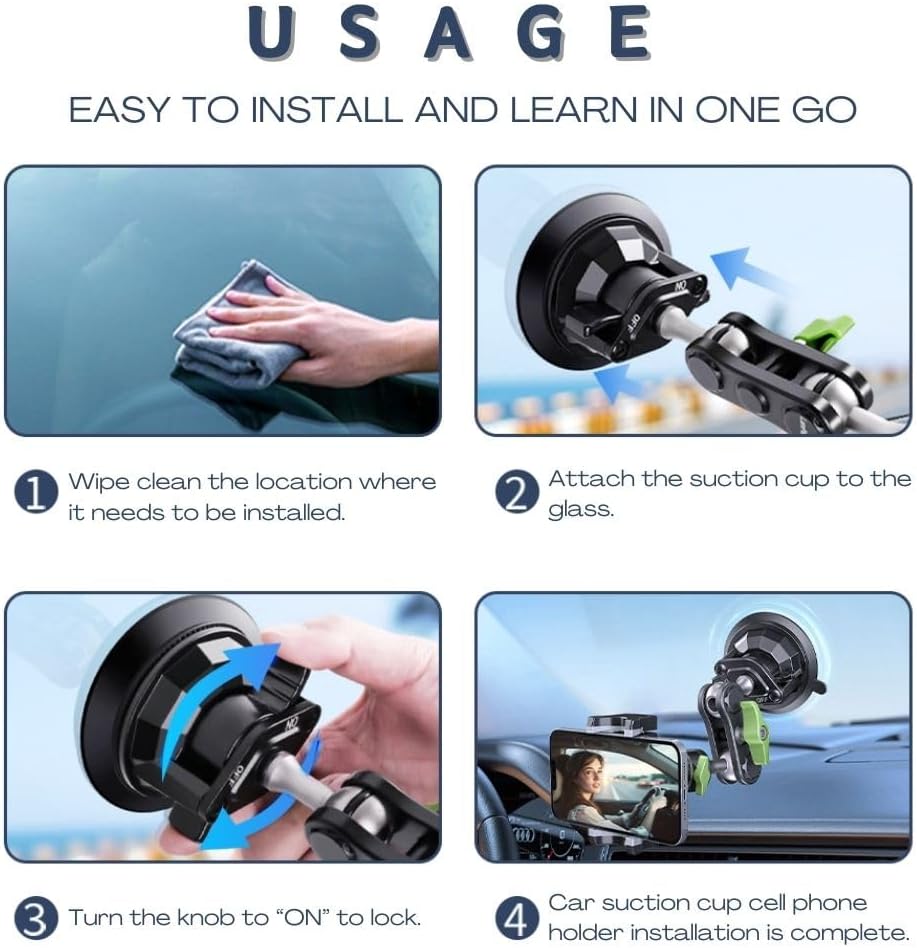 Suction Cup Phone Mount, Ultra-Stable Phone Holder for Vlog Shooting, 360 Rotation for Windshield, Roof Glass, Car Window, Fit for All Smartphones