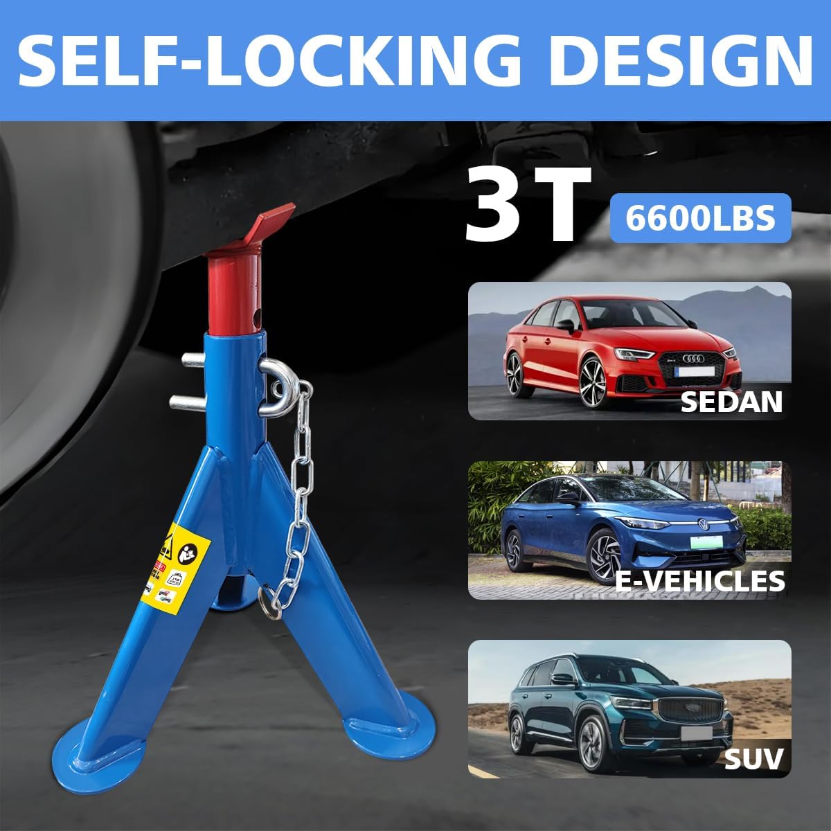 Jack Stands 3 Ton (6600 LBs) Lifting Car Stand with Security Locking Pins, Fit Use for Cars Automotive Sedans, RV, SUV, MPV, 2 Packs