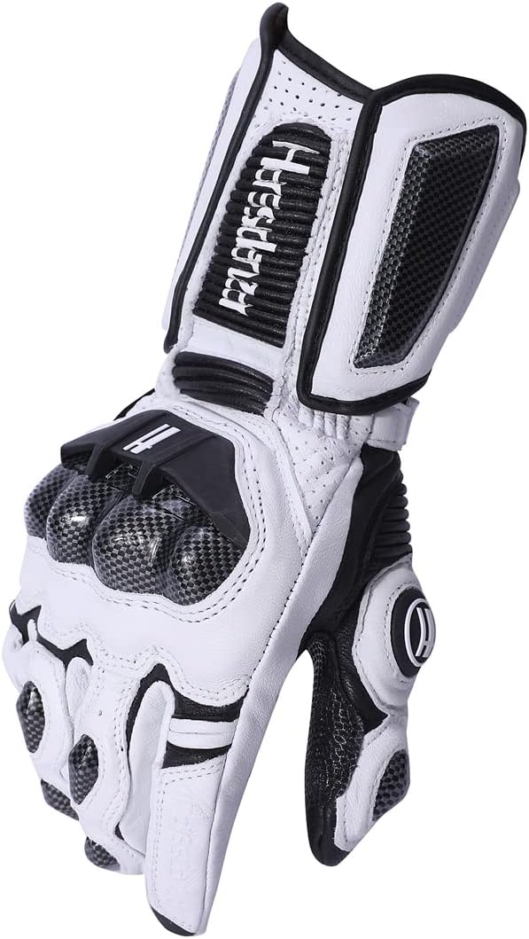 Harssidanzar Leather Motorcycle Gloves for Men and Women,Powersports Carbon Fiber Knuckle Protection Motorbike Gloves KM045