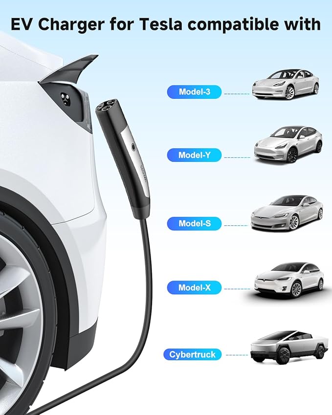 Portable Level 1/2 EV Charger for Tesla, 16Amp NACS Car Charger with 110V-240V, 25FT Extension Cable, NEMA 6-20 Plug, NEMA 5-15 Adapter, Home Mobile Wall Connector EV Charging Station for Tesla Cars