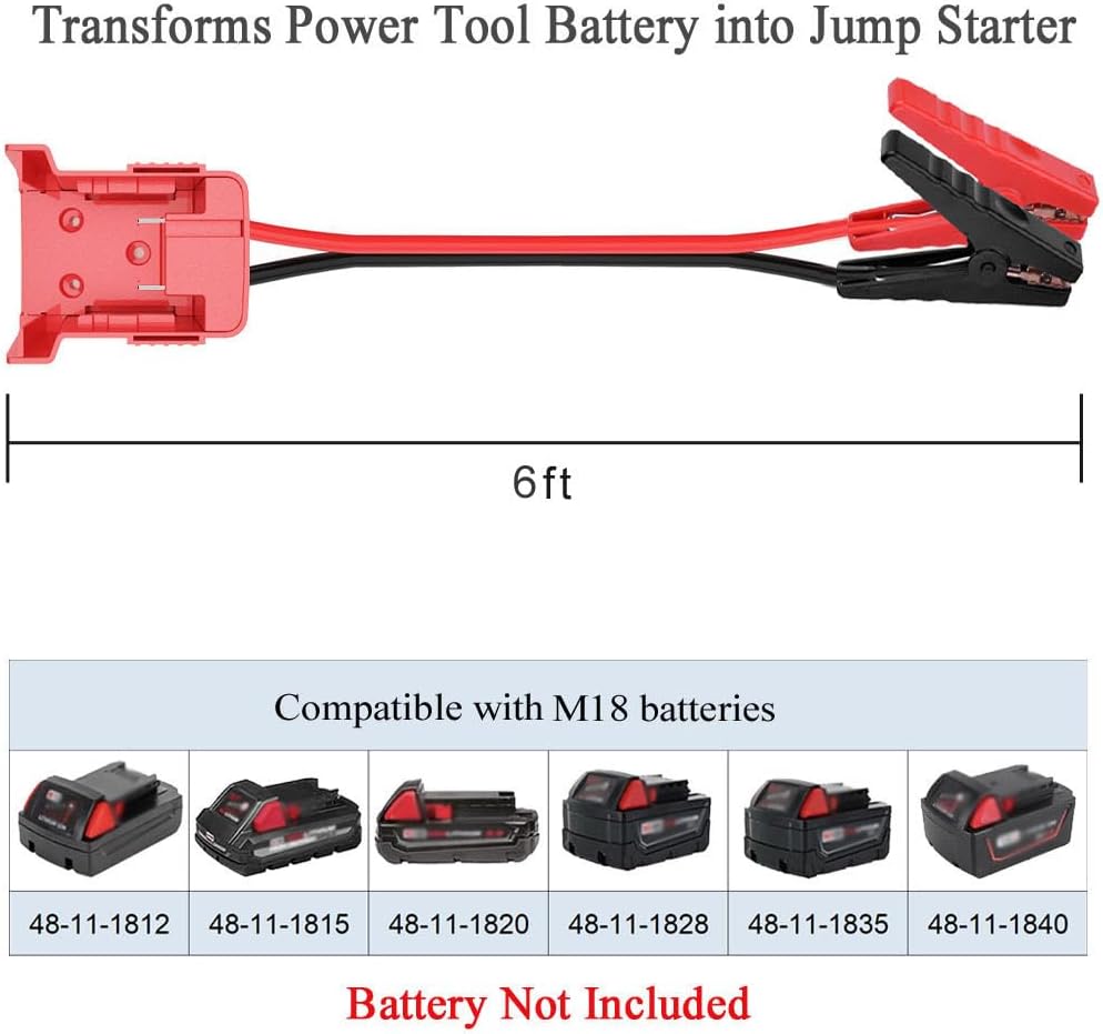 Jumper Cable Clamps Compatible with Mil.waukee M18, Silicone wire 6FT 8AWG Cable,18V Battery Jumper Starter for Mid-Size Cars Light Trucks Car Jump Starting Using Tool, 392 ℉ (200℃)