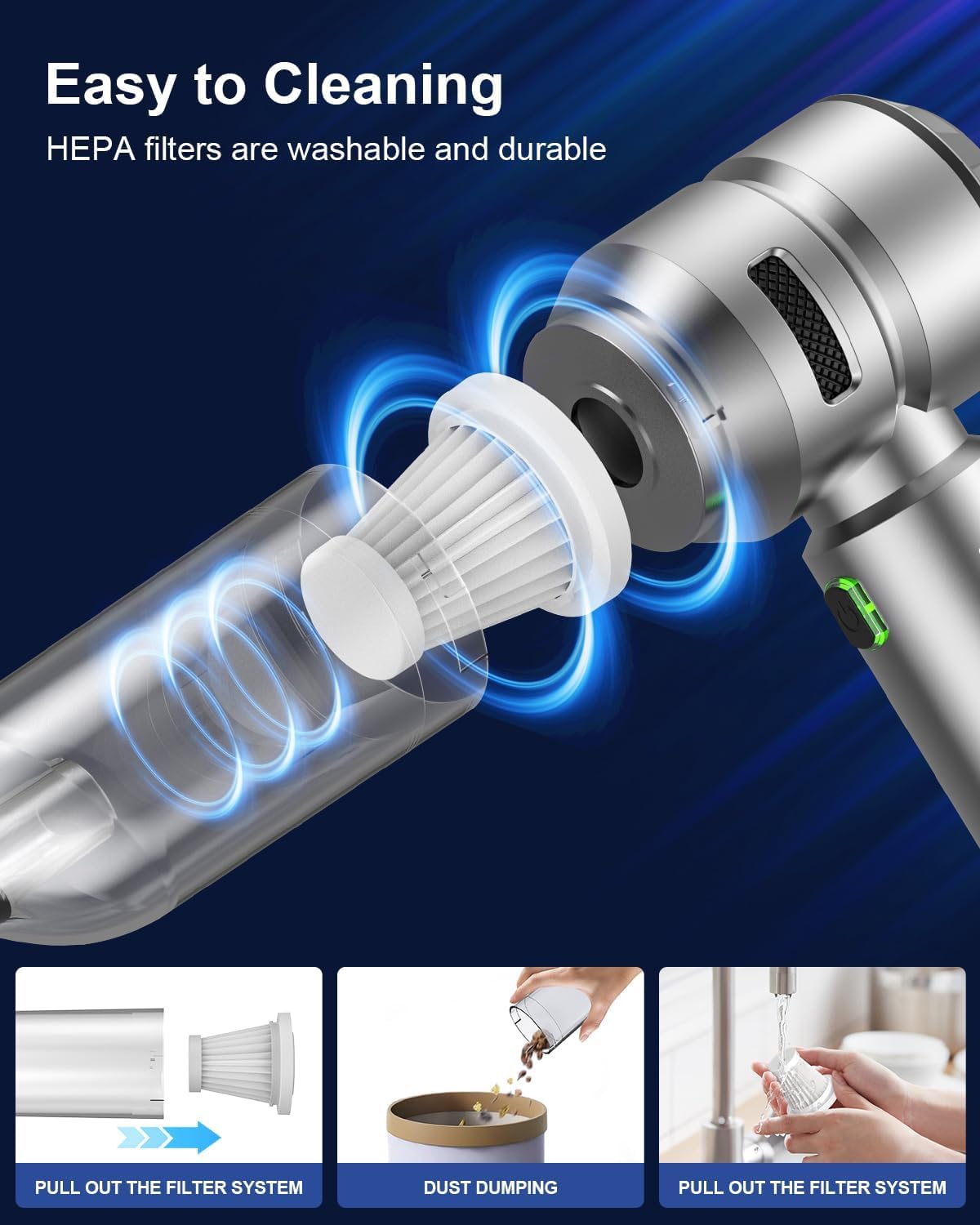 Car Vacuum,3 Suction Modes,Portable Mini Cordless Cleaner with 21000pa Suction Power,Type-C Charge,Handheld Vacuum for Home,Car, Office Desk, Keyboards(Diamond Silver)