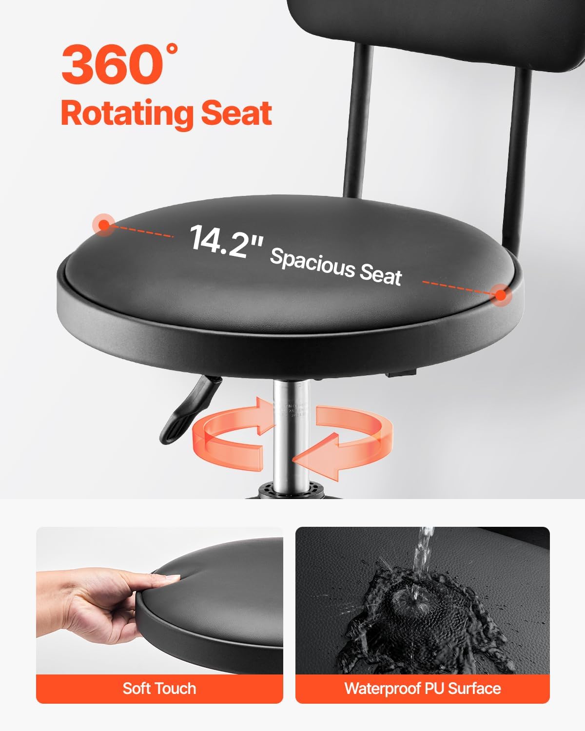 VEVOR Shop Stool with Backrest, Pneumatic Garage Seat/Work Stool with 300 lbs Capacity, Adjustable Height Roller Creeper Seat, 360° Swivel Padded Workshop Stool, for Garage, Shop & Auto Repair, Black