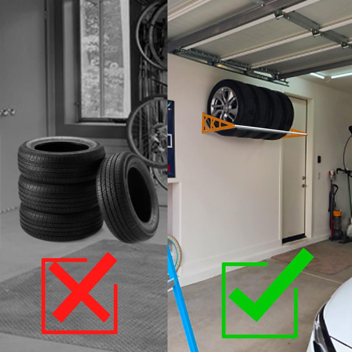 Tire Rack Wall Mount Adjustable 31"-56" Tire Storage Rack Wall Mount Wheel Rack with Heavy Duty Telescopic RodsSteel 400 Pound Weight Capacity (Orange)