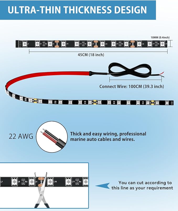 12V Led Light Strip 18" Connectable Red LEDs Strip Lights for Car Motorcycle Golf Cart Automotive Trucks Boat Marine Waterproof Led Light Strip, 4Pack