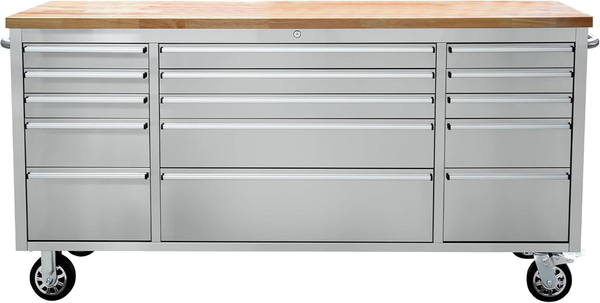 CT Copper Tailor 72-inch Rolling Tool Chest with 15 Drawers and Wheels, Mobile Garage Workbench, Large Tool Box Storage Tool Cabinet with Wood Top for Workshop,Stainless Steel