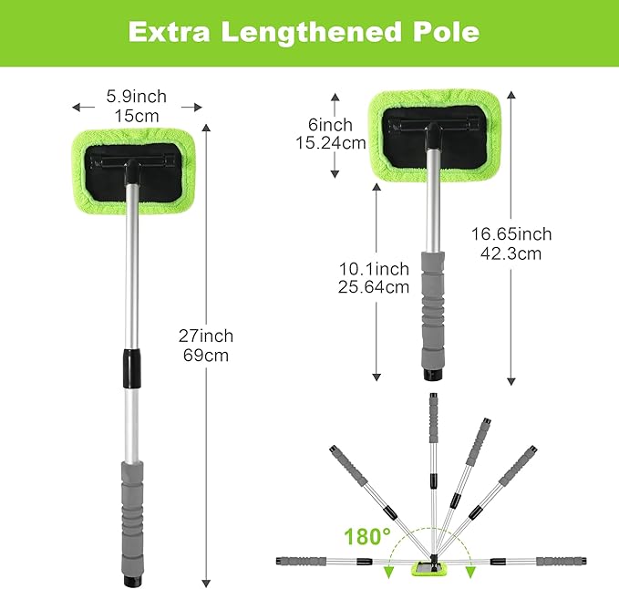 XINDELL Windshield Cleaning Tool for Car – 27inch Extendable Handle Window Cleaner with Reusable Microfiber Pads, Streak-Free Interior & Exterior Auto Glass Cleaner (Green)