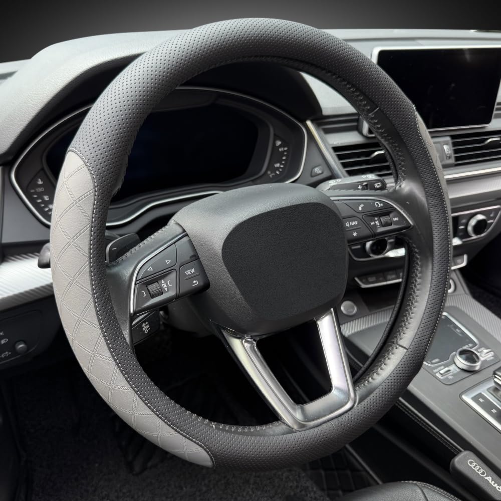 LKWLIKEI Nappa Leather Steering Wheel Cover,Elegant Diamond Checkered Design, Non-Slip wear-Resistant, Enhance Driving Comfort, Suitable for Steering Wheel Diameter 14 1/2‘-15’ Models.Black Gray