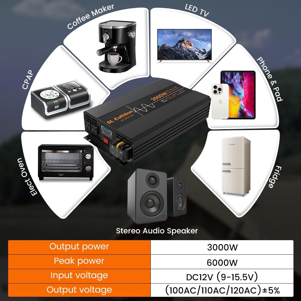 3000W/6000W(Peak) Pure Sine Wave Car Power Inverter 12V DC to 120V AC 60HZ with LCD Display, USB Port, Wireless Remote Control(10M) for Car Home Laptop Truck
