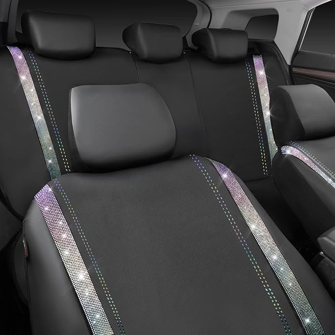 CAR PASS Bling Diamond Car Seat Covers Full Set, Shining Rhinestone Waterproof Faux Leather, Rear with Zipper, Universal Fit Automotive Glitter Crystal Sparkle Strips for Cute Women Girl,Muticolor