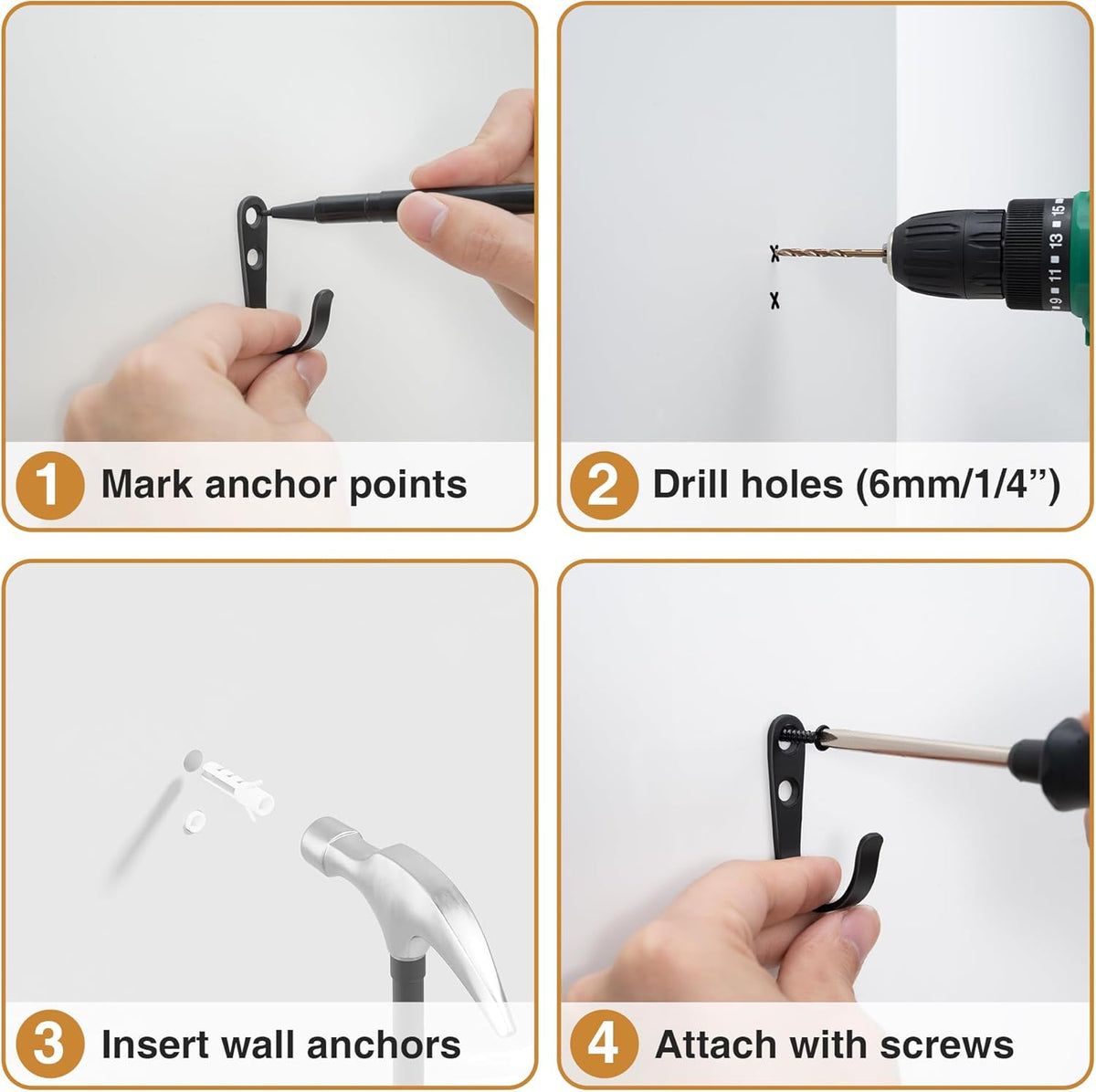 10Pcs Wall Hooks for Bathroom, Kitchen, Closet, and Garage - Black Metal Hooks for Hanging Coats, Towels, Hats, Keys, Bags, and Coffee Cups - Holds Up to 40 lbs