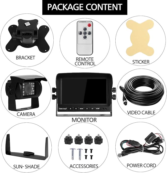 Backup Camera System Kit 7" LCD Reversing Monitor +Rear View Back Up Camera with 170 ° Wide Angle, Waterproof IP68, 18 Infrared Night Vision for Trucks/RV/Trailers/Bus/Vans/Box Truck