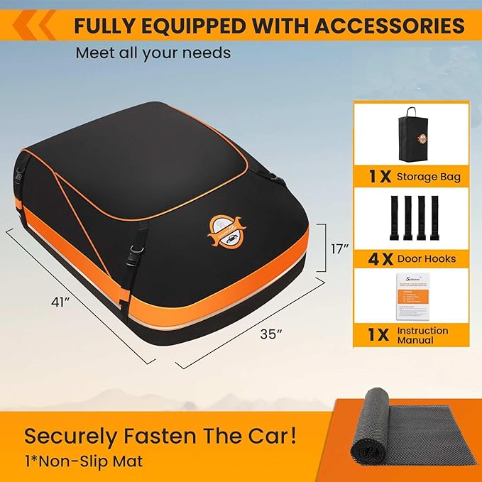 Sailnovo Rooftop Cargo Carrier, 15 Cubic Waterproof Soft-Shell Car Roof Cargo Carrier for Top of Vehicle with/Without Roof Rack, Car Top Carrier with Anti-Slip Mat, Safety Hooks & Storage Bag