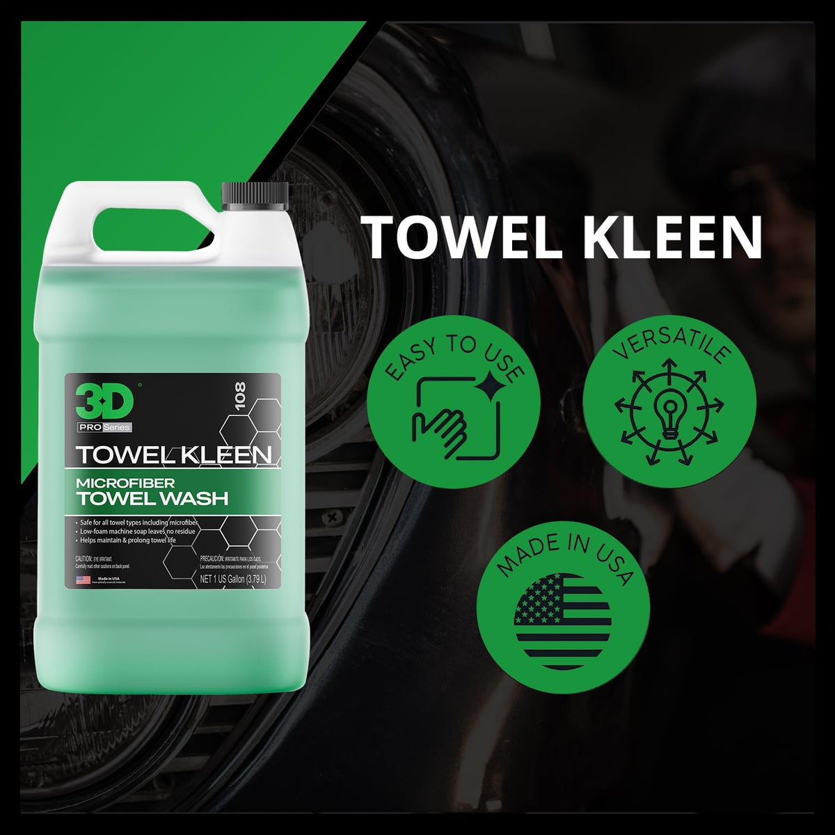 3D Towel Kleen Concentrated Microfiber Towel Detergent - Deep Cleans, Restores & Maintains Car Wash Towel Life - Low Foam, No Residue Premium Laundry Soap 1 Gallon