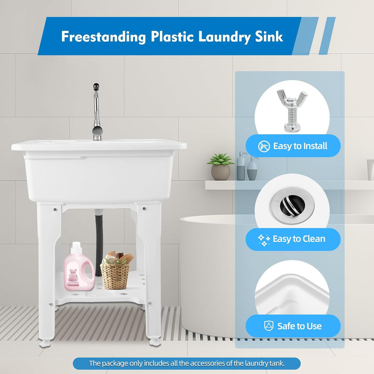 Freestanding Utility Sink Plastic Laundry Sink Spacious Laundry Tub Sink with Storage Shelf Indoor Outdoor Slop Sink Wash Station for Bathroom Laundry Washing Room (White, 25.6*21.65*31.5in)
