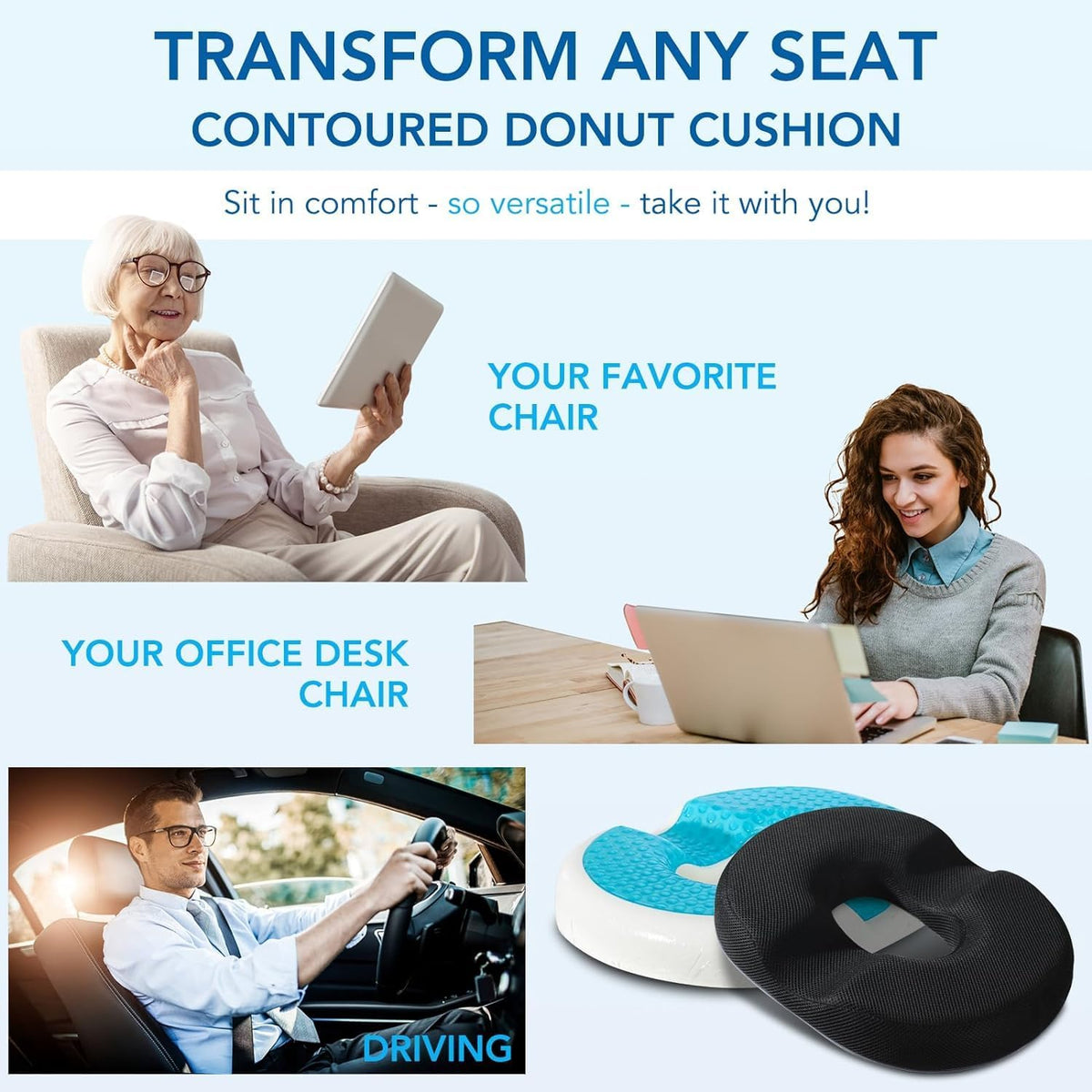 Donut Pillow for Office Chair Car Seat Cushion Cooling Gel Memory Foam Cushion Size:17.52"*13.39"*2.76"