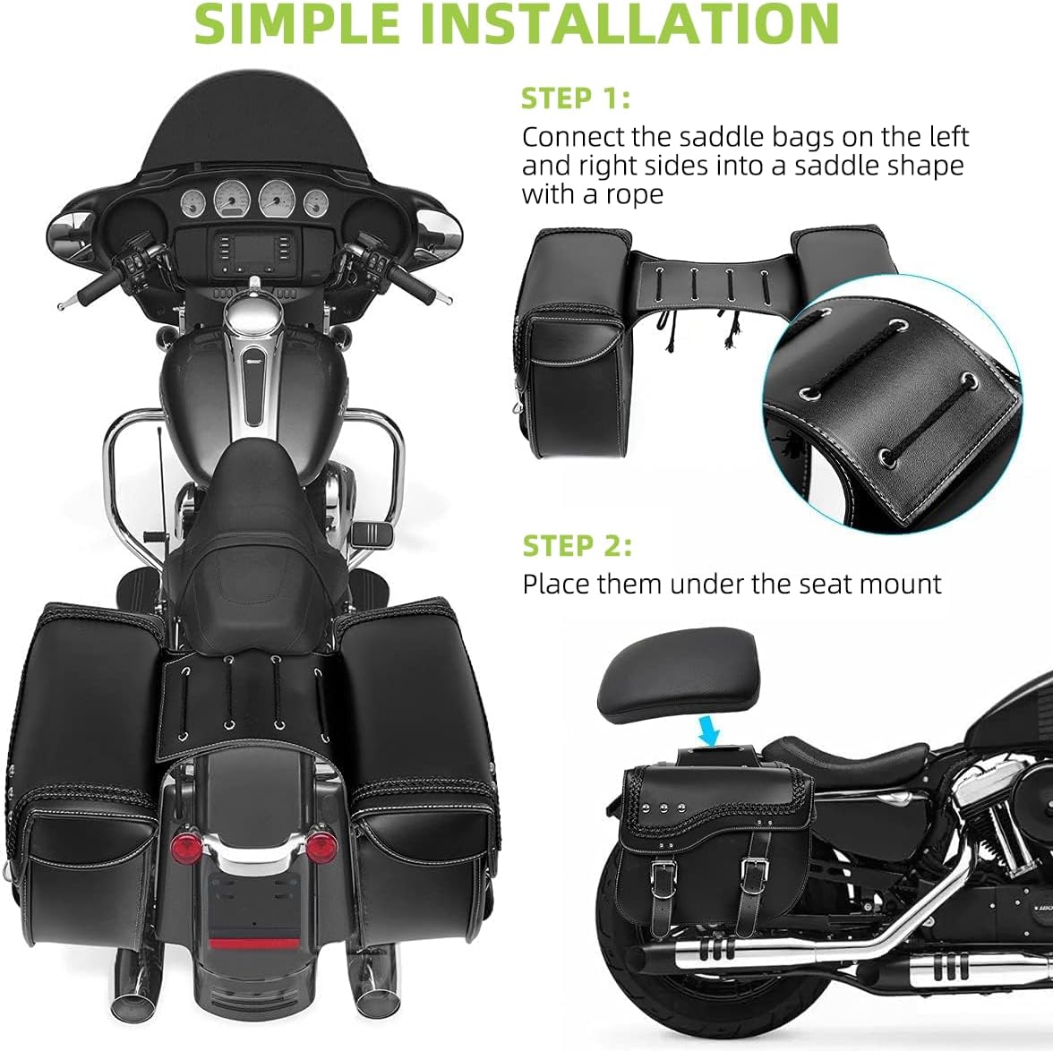 30L Motorcycle Saddlebags Water-Resistant PU Leather Storage for Harley Sportster Softail Dyna Honda Shadow | Quick-Install Design with Reinforced Straps | Universal Fit Large Capacity Luggage Bags