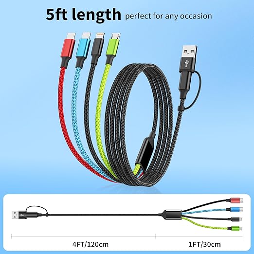 Travel 4 in 2 Multi Charging Cable with Dual Type-C, USB A/USB C Chargers for Multiple Devices, Multiple Charger Cord Compatible with Most Cell Phones/Tablets and More (1Pack, 5FT)