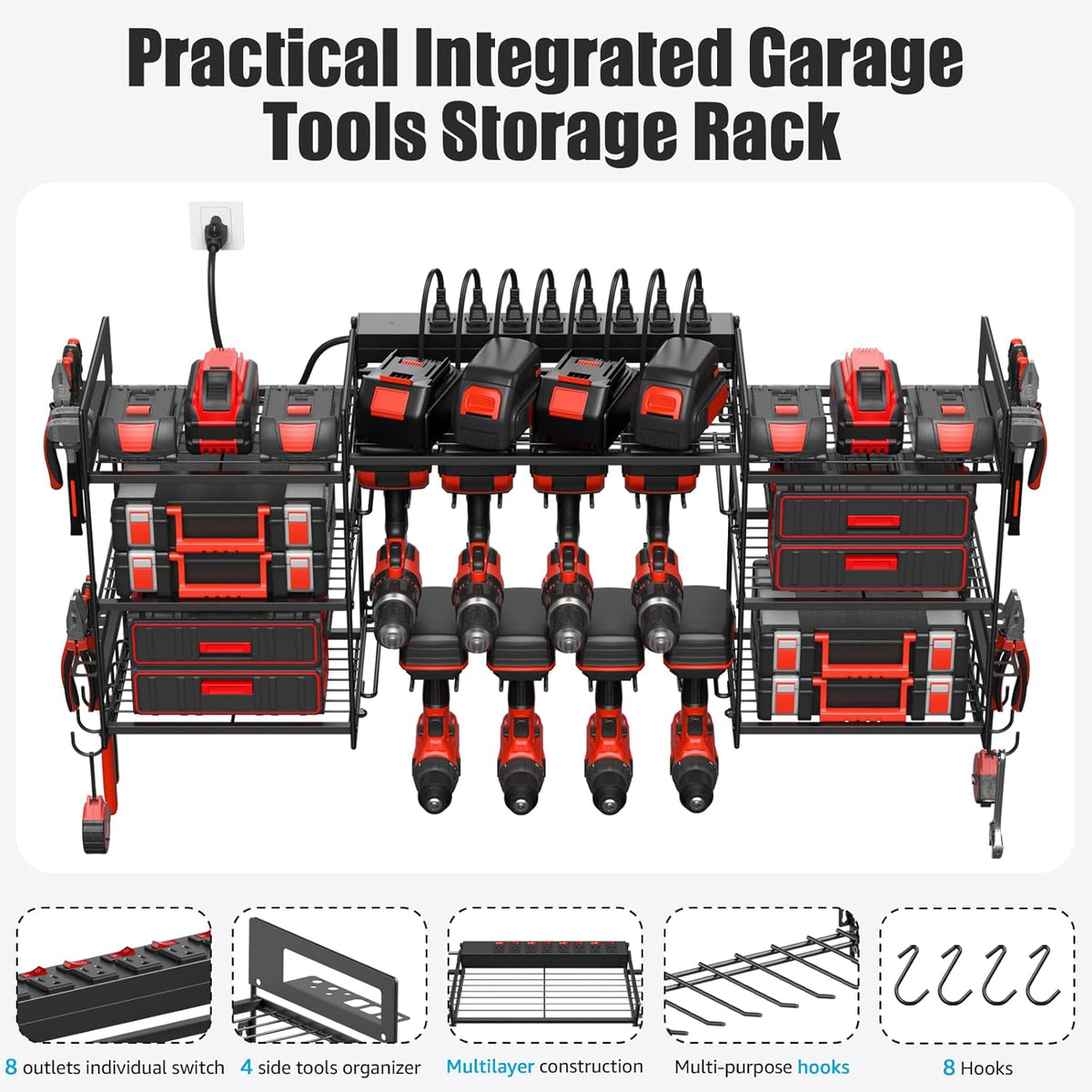 CCCEI Black Power Tool Organizer Wall Mount, Large Tools and Battery Storage Rack Charging Station Individual Switches. Drills Holder, Garage Utility Shelves with 6FT Power Strip. Gift for Men.