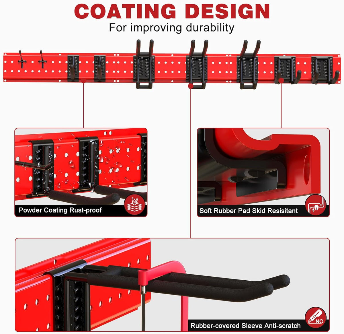 Garage Tool Organizer Wall Mount 49.5inch With 9 Hooks,Shovel Holder Wall Mount Ski Rck for Garage Garden Tool Rack Heavy Duty(Red)