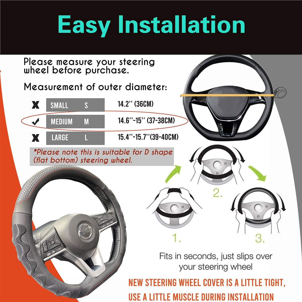 PINCTROT D Shaped 14.5-15 Inch Steering Wheel Cover Great Grip with 3D Honeycomb Anti-Slip Design, Flat Bottom 14.5-15 Inch (Black/Red Stitch)
