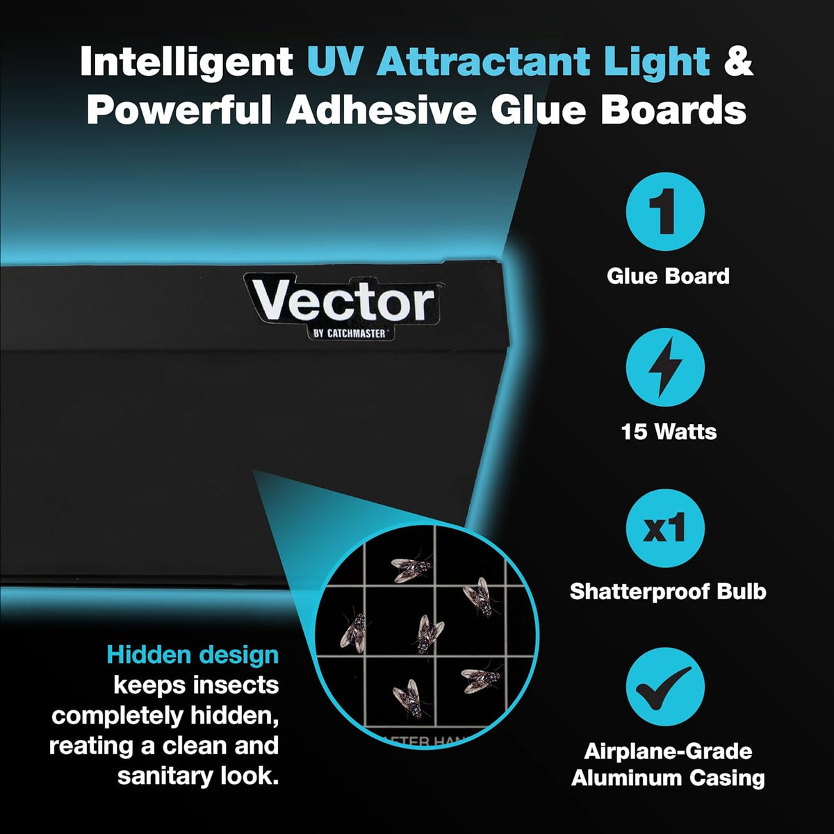 Catchmaster Vector Optima Light Trap, UV Light Fly Traps for Home, Gnat Traps for House Indoor, Shatterproof Bulbs, UV Lamp Insect Killer, Bug Catcher for Kitchen, Garage & Warehouse - Black