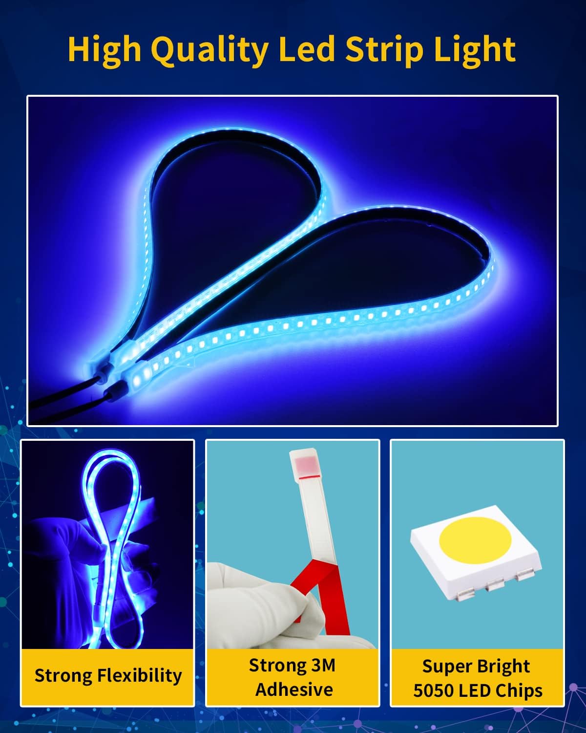 Blue Led Strip Lights,24inch 12V Car LED Strip Light IP68 Waterproof Cuttable for Car Motorcycles Boat Golf Cart Truck Cargo Home Decoration with Strong Nano Tape,(4PCS)