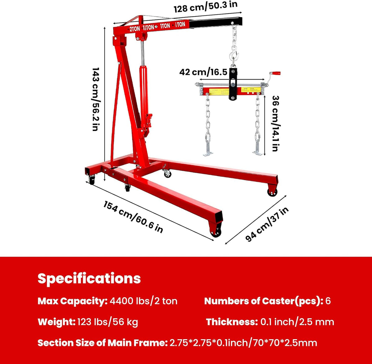 Engine Lift with Load Leveler,2T Heavy Duty Alloy Steel Folding Cherry Picker Engine Lift,Cherry Picker Workshop Crane,8Ton Hydraulic Engine Lift,Engine Lift for Workshop Warehouse Garage (Red)