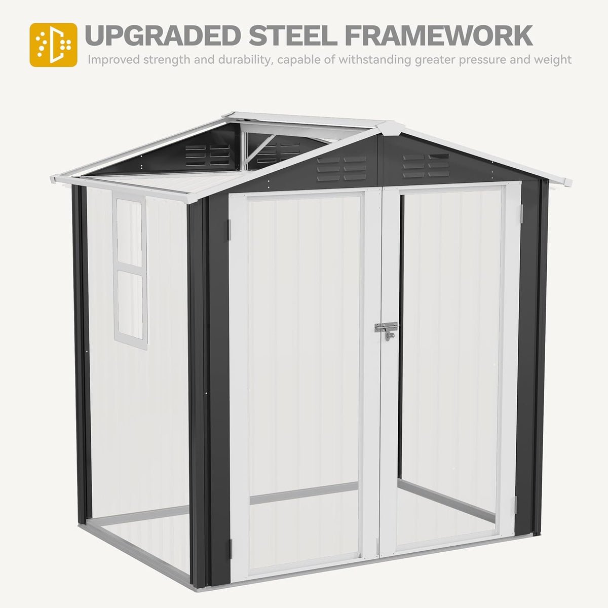 DWVO 6x4ft Metal Outdoor Storage Shed with Window, Lockable Tool Storage Sheds, Steel Garden Sheds with Sloped Roof for Backyard, Patio, Garage, Lawn, Gray + White