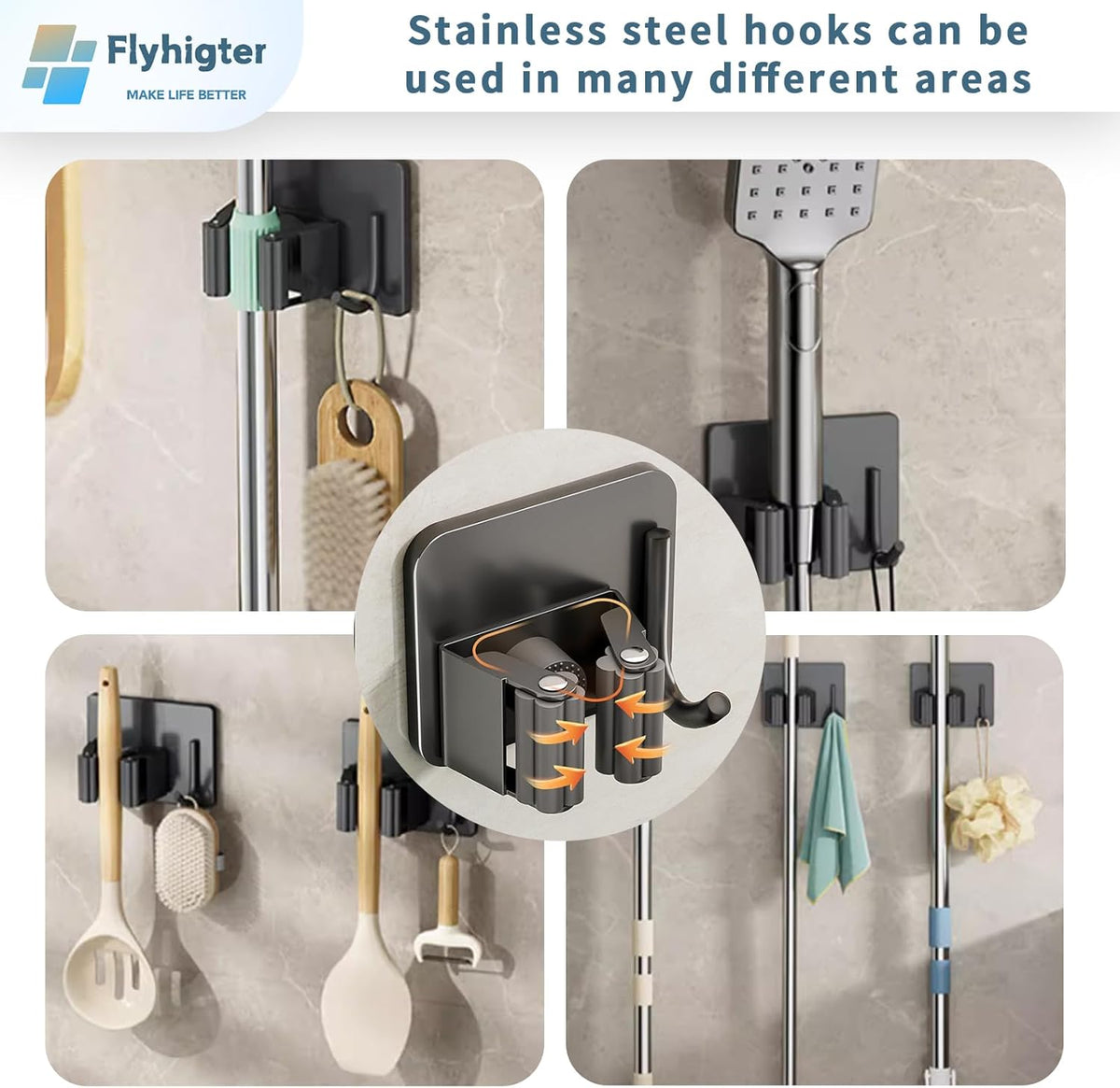 Stainless Steel Mop Holder Wall Mount – 4 Pack Heavy-Duty Broom Organizer with Strong Grip, Adhesive or Nail-Free Glue Installation for Bathroom, Kitchen, Garage