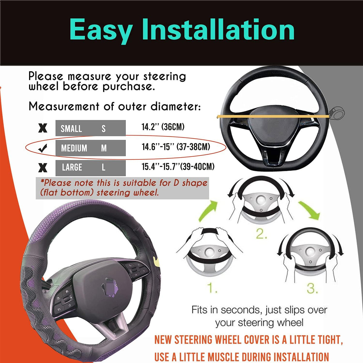 PINCTROT D Shaped 14.5-15 Inch Steering Wheel Cover Great Grip with 3D Honeycomb Anti-Slip Design, Flat Bottom 14.5-15 Inch (Purple)