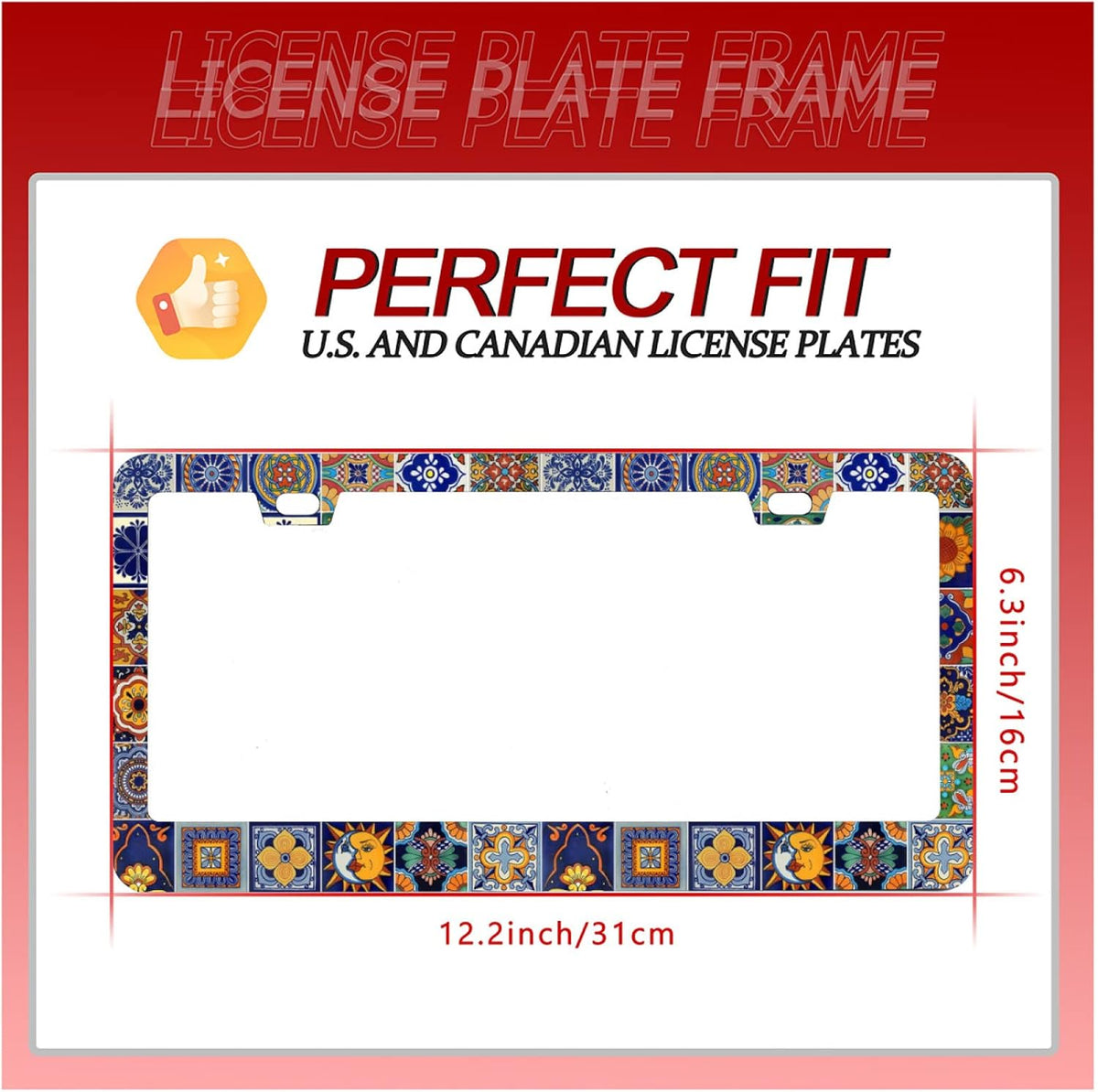 【2Pcs】 Mexican Tiles License Plate Frames Mandala Boho License Plate Frame Car Universal Stainless Steels Accessories Cars Decor with 2 Holes and Screws Fits Standard US Vehicles Size: 12.2 x 6 Inches