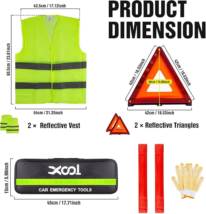 XOOL Emergency Warning Triangle Kit – Roadside Safety Kit with Reflective Warning Triangles, High-Visibility Safety Vests, Storage Bag & Gloves for Car Breakdowns & Emergencies
