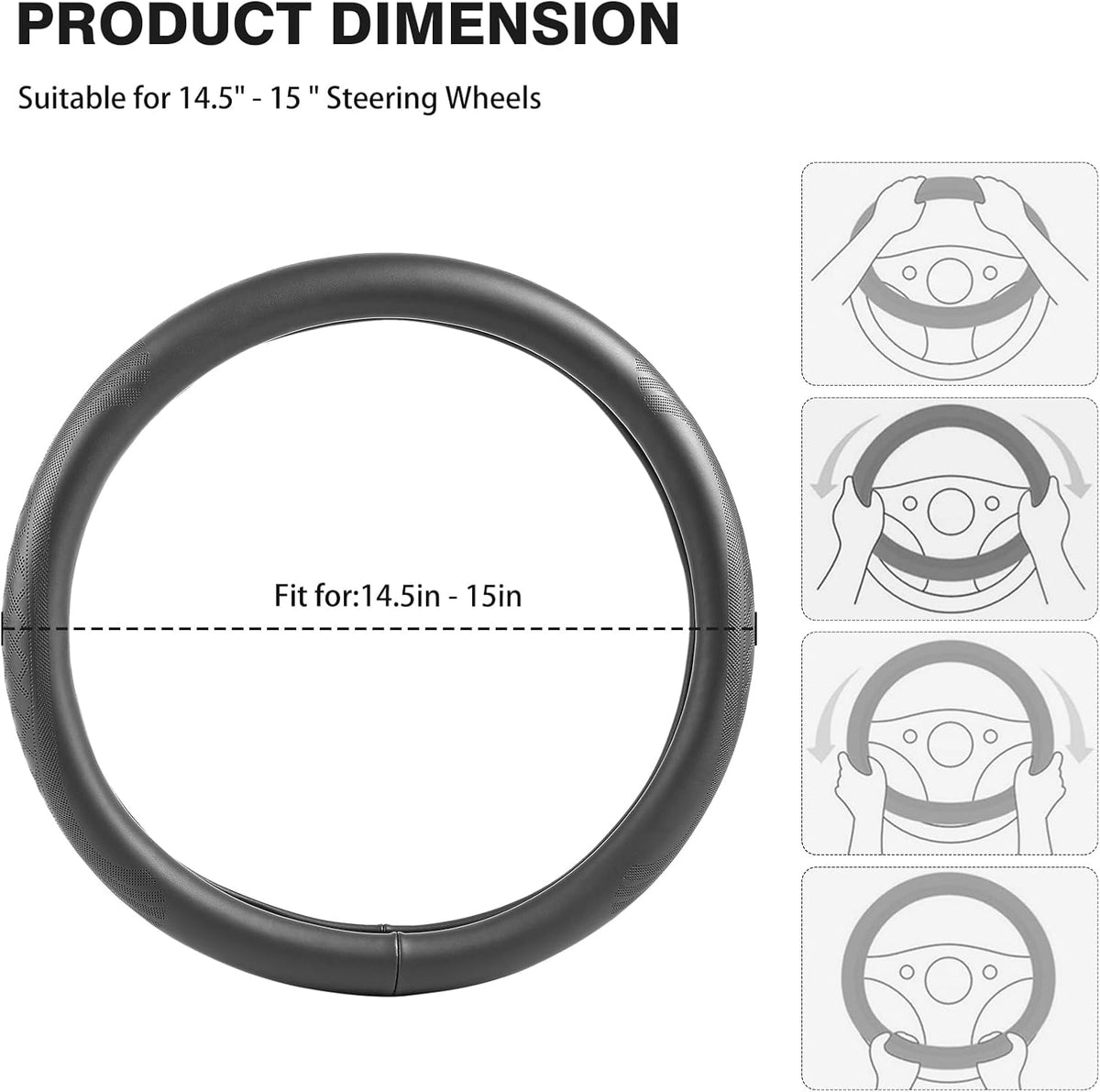 【2025 Model】 Real Cowhide Steering Wheel Cover for Men Women,Gray Genuine Leather Steering Wheel Cover for Cars,Universal 14.5-15 inch Steering Wheels,Grid & Square Motif