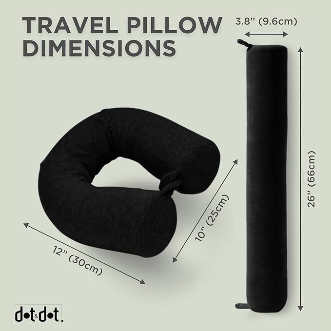Dot&Dot Twist Memory Foam Travel Pillow for Airplanes - Travel Neck Pillow for Sleeping - Airplane Pillow for Neck Support, Chin, Lumbar and Leg - Adjustable, Bendable Neck Roll Pillow (Onyx)