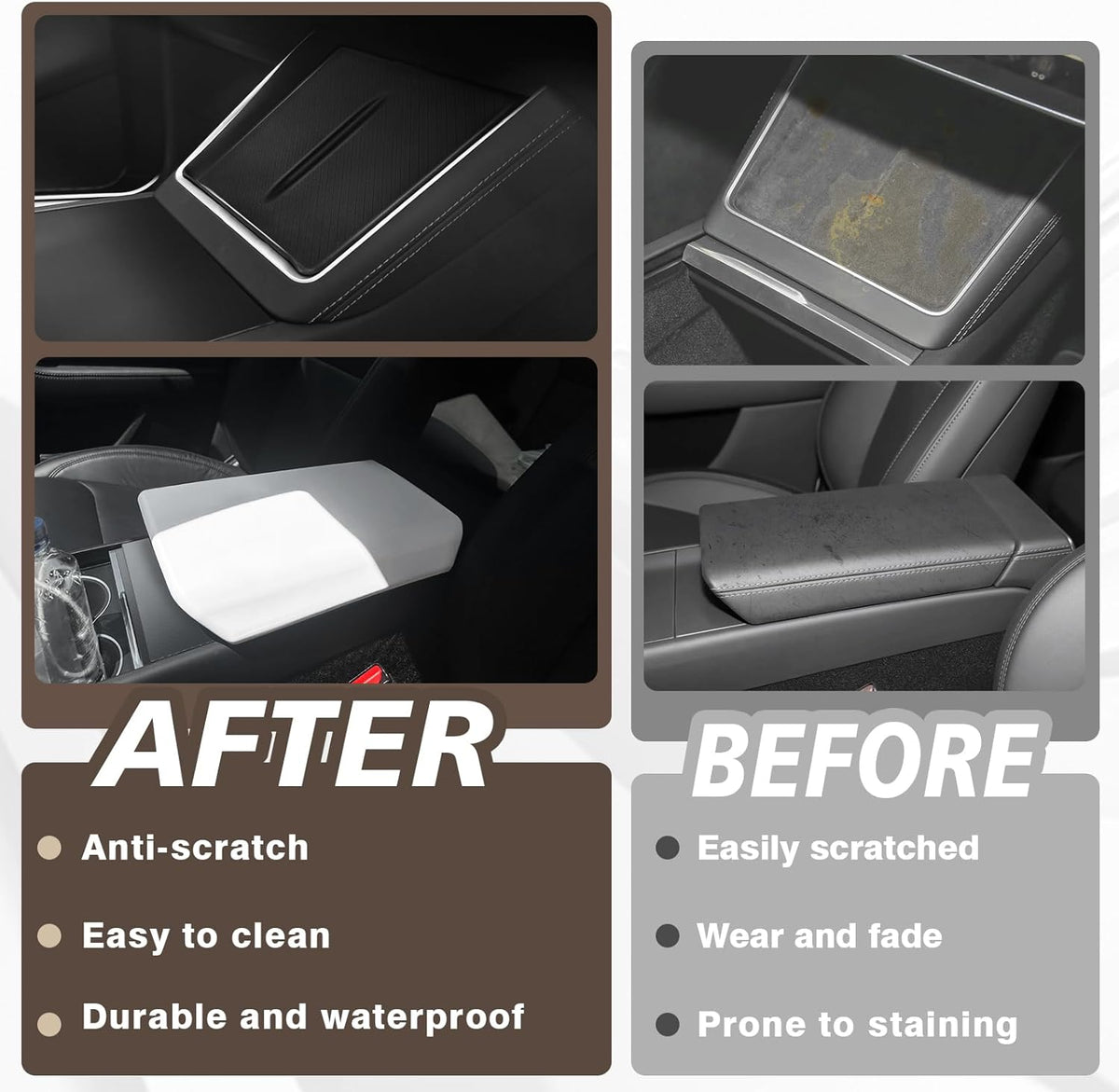 Muslogy Compatible with 2026+ Model Y Juniper Refresh Accessories Armrest Cover Protection TPE (White) & Silicone Mat OEM Style 2PCS Set Non-Slip Waterproof