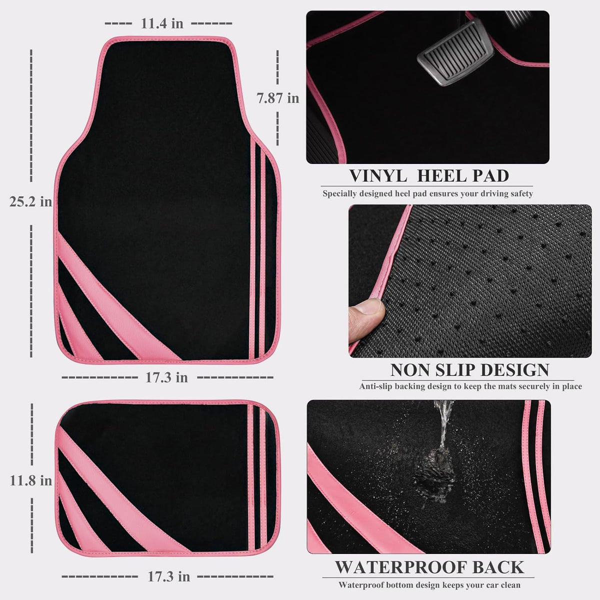 CAR PASS Car Seat Covers Full Set for Women Girls with Waterproof Car Floor Mats,Anti-Slip Leather Steering Wheel Cover,Universal Fit for SUVs,Vans,Trucks,Sedans,Cars (Combo Set,Black & Pink)