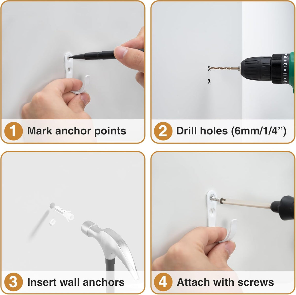 15Pcs Wall Hooks for Bathroom, Kitchen, Closet, and Garage - White Metal Hooks for Hanging Coats, Towels, Hats, Keys, Bags, and Coffee Cups - Holds Up to 40 lbs