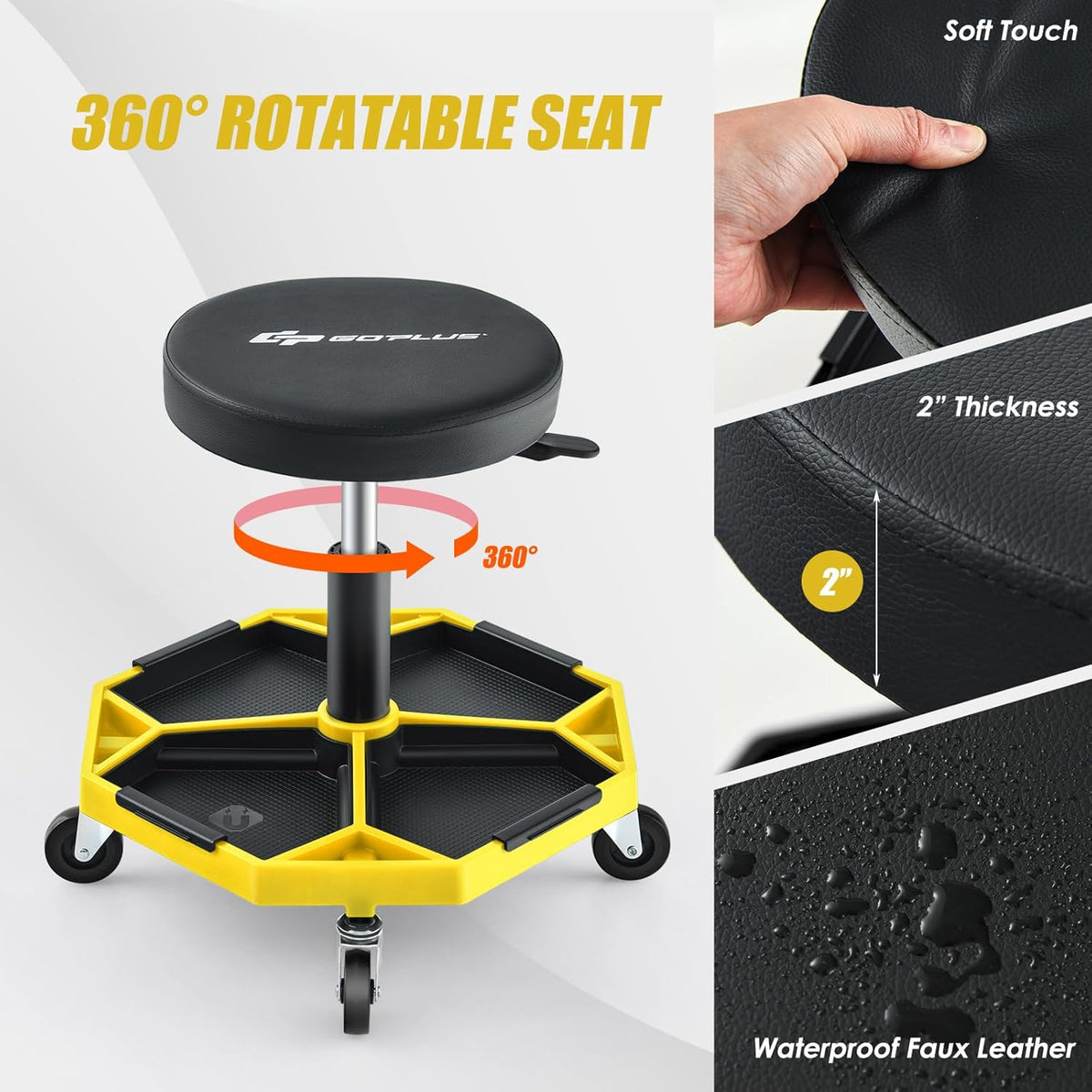 Goplus Mechanic Stool, Rolling Garage Chair with 16”-22” Adjustable Height, Removable Magnetic Tool Tray, 2” Thick Padded Cushion, Universal Wheels, 330LBS, Roller Creeper Seat (Yellow & Black)