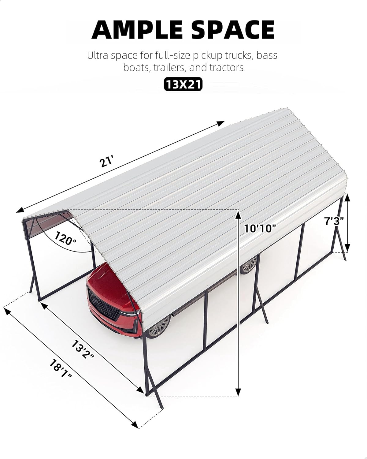 13'x21'x11' Oversized Metal Carport, Steel Heavy Duty Carport for All-Weather, Permanent Shelter for Bass Boats, Pickup Trucks, and Tractors, N.W. 660 Lbs